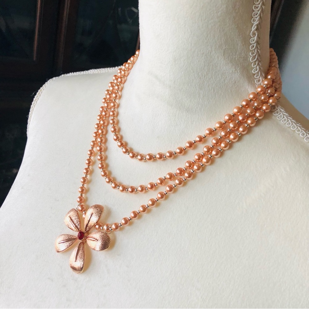 Handcrafted triple strand rose gold Czech Pearl genuine ruby clasp necklace